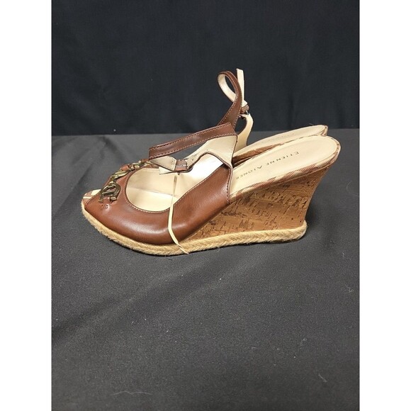 Etienne Aigner Brown Leather Cork Wedge Slingback Sandals Size 9.5 - Picture 6 of 7